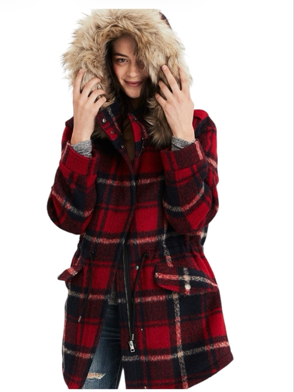 American Eagle Plaid Wool-Blend Fur Hooded Coat Large